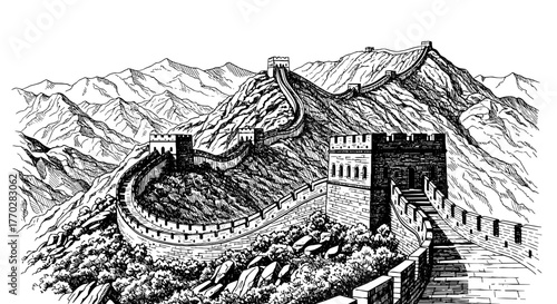 Majestic Great Wall of China Meandering Through Mountainous Terrain, A Historic Landmark Illustrating Architectural Grandeur, Cultural Heritage, Tourism, Travel, and Landscape Preservation, In a Vinta
