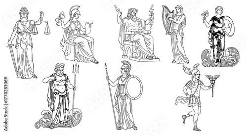 Ancient Greek Gods and Goddesses Assembly: A Collection of Classic Deities in Line Art Style for Educational Materials, Mythological Presentations,  Historical Illustrations, and Decorative Designs (Z