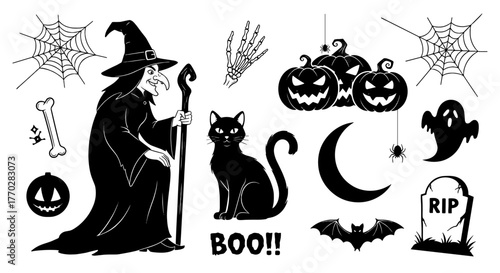 Eerie Halloween Night:  Witch with Black Cat Conjuring Spells Under Crescent Moon in Spooky Graveyard with Jack-O-Lanterns and Cobwebs, Perfect for Horror Story Illustrations and Occult Halloween Part