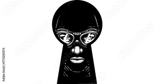 Intriguing Glimpse of a Figure with Goggles Peering Through a Keyhole in Deep Shadow, Revealing an Enigmatic Masked Face and Mysterious Secrets, Illustrating Privacy, Surveillance, and Intrusion, Idea
