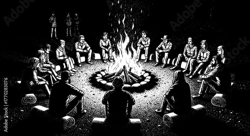Group Storytelling Around Bonfire at Night Camping: People Gathered in Circle Sharing Tales, Campfire Stories, Rustic Lifestyle Adventure for Team Building & Outdoor Education in Dark Woodland Setting