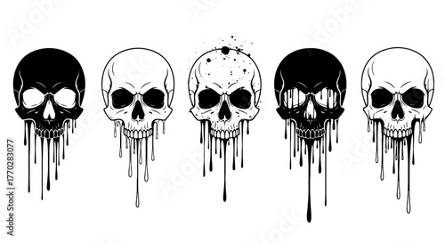 Melting Skull Illustrations: A Collection of Gothic Skulls Dripping in Ink, Symbolic of Mortality and Decay, Ideal for Tattoo Design, Halloween Decor, or Edgy Art Projects, Black and White Graphic Mot