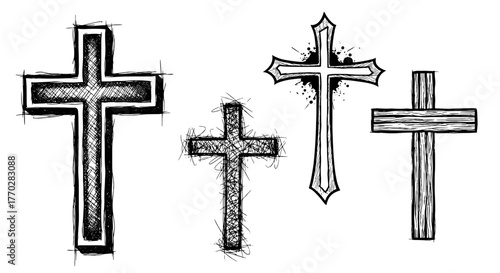 Detailed Christian Cross Collection: Religious Symbols for Spirituality, Belief, and Faith-Based Projects, Line Art Sketches for Church Materials, Memorials, and Decorative Use, Gothic, Rustic & Moder
