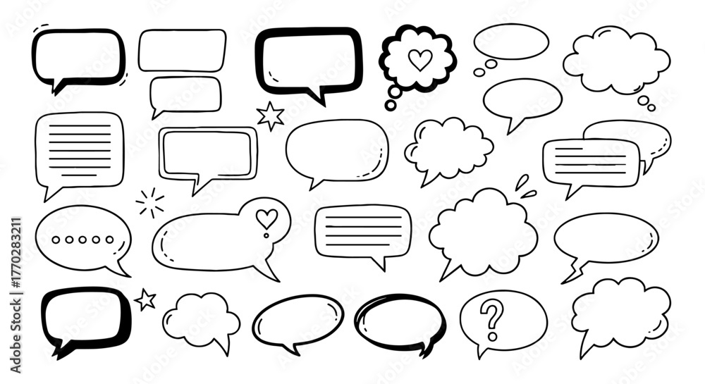Fototapeta premium Collection of Hand-Drawn Speech Bubbles and Thought Balloons for Creative Communication: Sketch Style Vector Set for Presentations, Marketing Materials, and Website Design in Business, Education, and