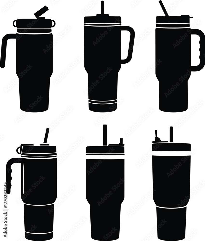 custom made wallpaper toronto digitalCollection of six different insulated travel tumblers with sturdy handles, reusable straws, and leak-proof lids, showcasing popular hydration cup silhouettes.