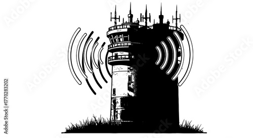 High-Tech Communication Tower Emitting Signals, Broadcasting Information from Telecommunications Antenna, Standing Tall on a Grassy Plain, a Symbol of Connectivity, Technology, and Data Transmission f