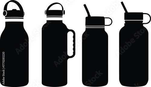 A set of four modern insulated water bottle silhouettes, featuring different caps, handles, and straws, ideal for hydration, sport, and outdoor activities.