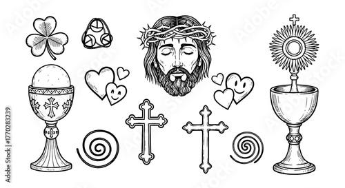 Intricate Christian Faith Symbols Artwork: Religious Iconography Representing Spirituality, Divinity, and Sacred Beliefs for Church Presentations & Digital Media - Detailed Line Art & Engravings for W