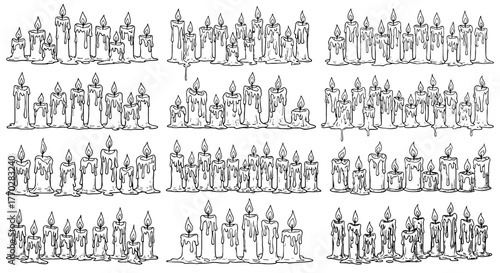 Collection of Hand-Drawn Candles Burning in Rows for Celebration and Remembrance, Set Against a White Background, Useful for Halloween, Christmas, or Spiritual Decorations, Decorative Elements, Black
