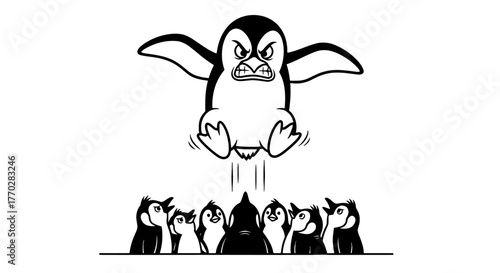 Angry Penguin Leaping Over Group Illustration: Cartoon Bird About to Pounce, Vector Design for Children's Education Material and Animal Behavior Presentation, Black and White Comic Style Art on White