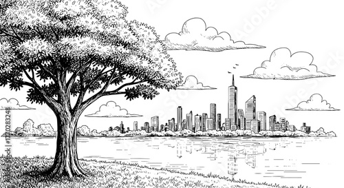 Detailed Cityscape Drawing by Lakeside Tree: Urban Environment Sketch with Water Reflection, Hand-Drawn Style for Architecture, Travel, and Design, Representing Serenity, Harmony, and Modern Urban Lif