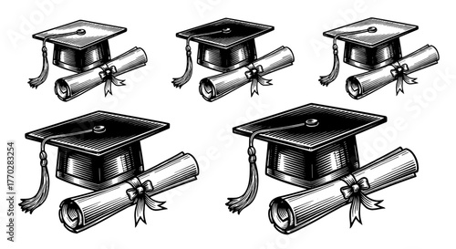 Detailed Graduation Cap and Diploma Illustrations Celebrating Academic Success: Vintage Hand-Drawn Graphics for Educational Achievements, University Events, and Scholarly Milestones in a Classic Woodc