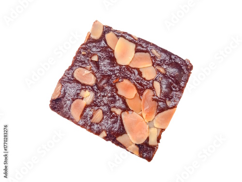 Rich chocolate brownie square topped with golden toasted almond slices. Moist, dense texture meets crunchy contrast perfect for dessert menus or food photography.