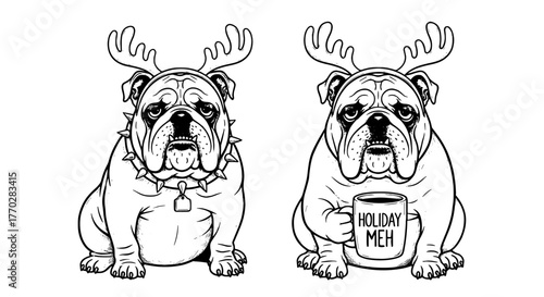 Humorous Bulldog Duo Wear Reindeer Antlers, Expressing Holiday Apathy with a "Holiday Meh" Mug, Perfect for Seasonal Designs, Greeting Cards, Social Media, and Festive Decor: Whimsical Pets in Black a