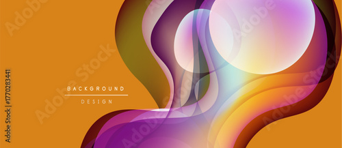 Abstract flowing shapes, vibrant colors blend. Orange backdrop complements purple, pink gradients. Modern design element for digital projects.
