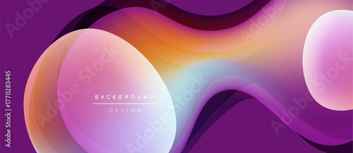 Abstract fluid shapes blend, creating vibrant purple, orange, pink gradients. Modern design suggests dynamic movement, soft textures.