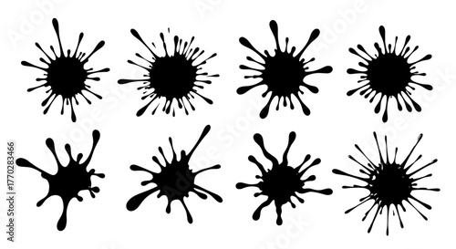 Set of Black Ink Splatters Spreads Outward on White Background, Ideal for Artistic Designs, Abstract Grunge Elements for Creative Projects, and Liquid Effects, Modern Graphic Resources for Websites, P
