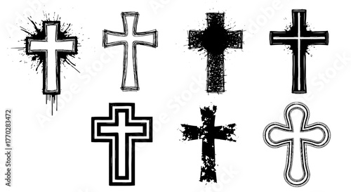 Assorted Christian Crosses with Distressed Textures and Grunge Effects Over White Background Representing Faith, Religion, and Spirituality for Church-Related Designs and Projects (Icons, Symbols, Gra