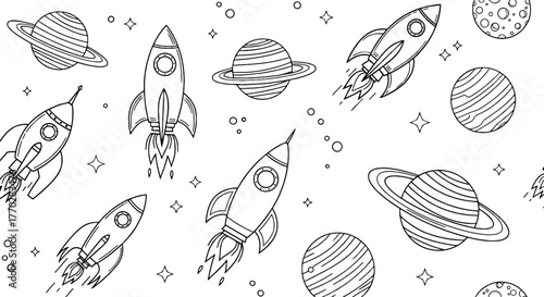 Whimsical Space Adventure: Rockets and Planets Explore the Cosmos in a Childlike Universe Illustration, Perfect for Educational Materials, Science, Space Exploration, and Creative Backgrounds for Pres