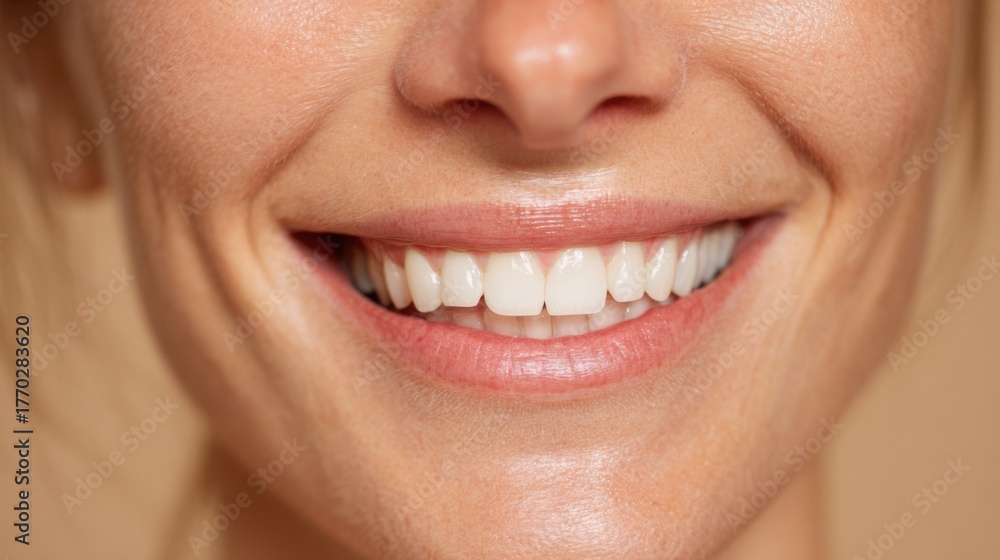 Obraz premium Close up of joyful woman smiling with healthy teeth and natural beauty in warm indoor lighting
