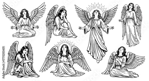 Seven Serene Angels Meditating and Praying in Heaven with Graceful Wings and Halos, Symbolizing Spirituality and Guidance for Religious Marketing and Vintage Wedding Invitations (Line Art Illustration