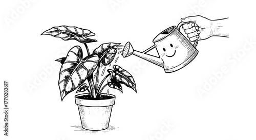 Hand Watering Potted Plant with Smiley Watering Can Indoors: Botanical Care, Horticulture Illustration for Gardening Education, Sustainable Living, Interior Design, and Wellness Marketing (Line Art, E