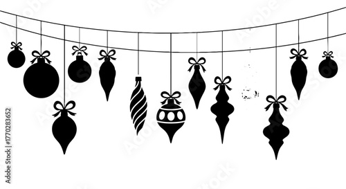 Elegant Christmas Ornaments Garland Suspended on Twine: Holiday Decoration in Festive Ambiance for Celebratory Occasions, Marketing, and Website Design, Classic Silhouette Design, Invitation, and Merr