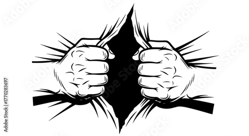 Hands Ripping Open a Shirt in Graphic Style Revealing Hidden Strength and Power in a Dynamic Black and White Burst Design, Symbolizing Transformation, Liberation, and Superhero Origins for Presentatio