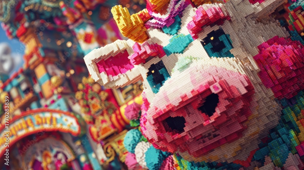 Fototapeta premium Pixelated cow head, vibrant colors, ornate background