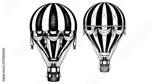 Vintage Hot Air Balloons Floating in Serene Skies, Ornamental Engravings Illustrating Exploration and Adventure, Perfect for Travel Brochures, Historic Presentations, and Nostalgic Designs, Featuring