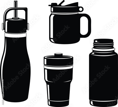 Portable water bottle, travel mug, and reusable coffee cup black and white vector icons set. Insulated beverage container silhouette collection for outdoor sport, travel, hydration and everyday use.