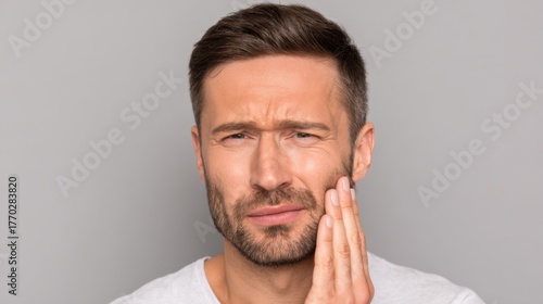 Man experiencing tooth pain while holding his jaw in a neutral background setting