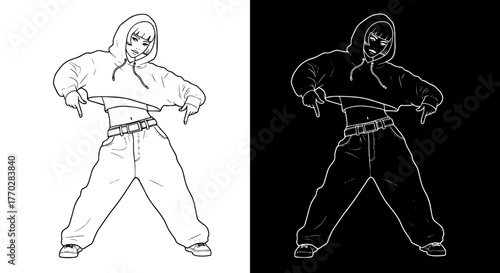 Dynamic Anime Dancer Character in Urban Style, Confident Youth Posing and Pointing in Contemporary Streetwear Fashion, Modern Dance Culture, Hip Hop Illustration, Manga Art Style, Edgy Teen, Youthful