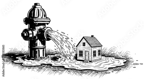 Leaking Fire Hydrant Flooding a House: Depicting Property Damage, Environmental Issues, and Infrastructure Failure in a Black and White Line Drawing Style for Illustrations and Educational Purposes, C