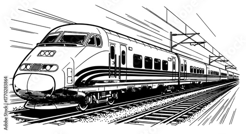 High-Speed Train in Motion on Railroad Tracks Expressing Speed, Efficiency and Modern Transportation Network Across Countryside, Promoting Connectivity for Business and Travel with Monochrome Detailed