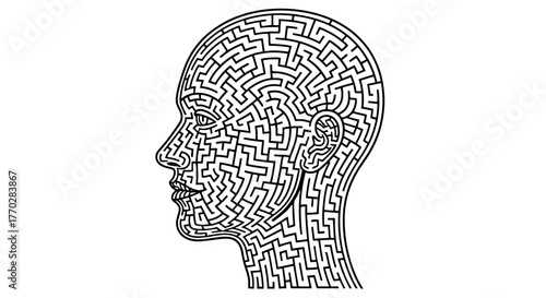 Intricate Mind Maze: Human Head in Profile Depicting a Labyrinth of Thought, a Metaphor for Complexity, Intelligence, and Mental Processes in Psychology, Neuroscience, Education, and Business Strategi