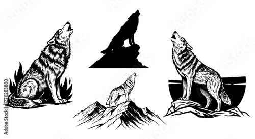 Majestic Wolves Howling at the Moon in Various Scenes: Solitude in Nature, Wilderness Iconography, Power and Independence for Tattoo Art, Wildlife Conservation, Graphic Design, Black and White Illustr