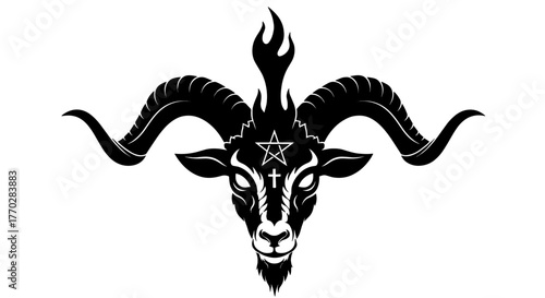 Detailed Baphomet Goat Head Illustration with Pentagram, Inverted Cross, and Flame Crest, a Symbol of Occultism, Satanism, and the Dark Arts, Ideal for Halloween, Horror, and Gothic Themes, Black and