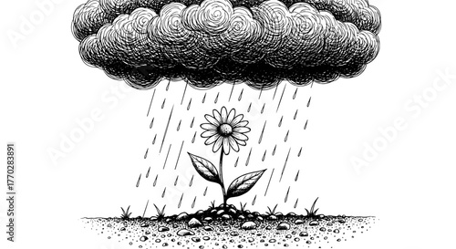 Daisy Flourishing Under Stormy Rain: A Hand-Drawn Illustration of Resilience and Growth in Adverse Conditions, Metaphor for Overcoming Challenges in Business, Life, and Personal Development, Detailed