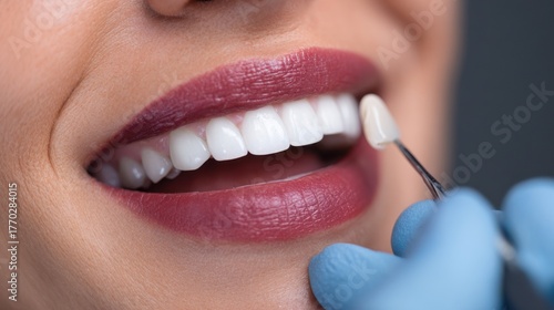 Dental professional applying a veneer to a smiling woman in a clinic during daylight