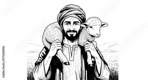 Shepherd Carrying Lamb in Rural Landscape Illustration: Traditional Biblical Scene for Religious Education and Faith-Based Projects, Gospel Storytelling, Charity, Christian Ministry, and Hopeful Messa