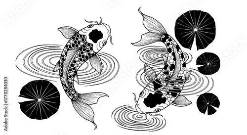 Two Koi Fish Swimming Gracefully Among Lily Pads in a Tranquil Pond, Representing Prosperity and Good Fortune, Traditional Japanese Art Style for Asian Culture Projects, Business, and Zen Presentation
