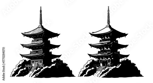Japanese Pagodas Standing Tall in a Tranquil Garden: Ancient Architecture Showcasing Asian Heritage & Cultural Symbolism for Travel & Historical Projects (Detailed Black & White Illustration) Represen