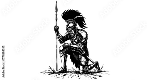 Kneeling Knight with Spear: Medieval Warrior in Shining Armor Posing for Honor and Duty on Cracked Battlefield Ground, Symbolizing Strength and Resilience in Fantasy Combat, for Historical Illustratio