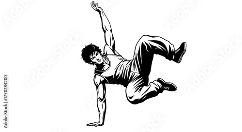 Energetic Breakdancer in Dynamic Freeze, Performing Street Dance in an Urban Setting, Expressing Youthful Energy and Passion Through Movement, Illustration for Music, Dance, and Creative Arts Projects