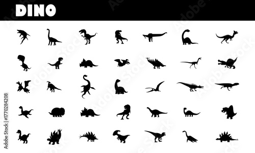 Black dinosaur silhouette icons. multiple prehistoric species in various fun.