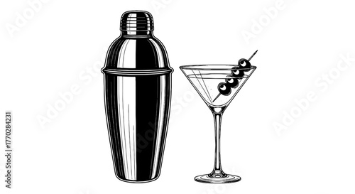 Elegant Martini Cocktail Preparation with Shaker in Classic Bar Setting, Creating Sophisticated Atmosphere for Evening Cocktails, Professional Beverage Service, Vintage Illustration for Menu, Events,
