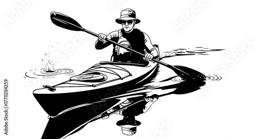 Man Kayaking on Lake, Paddling Through Serene Waters in Black and White Illustration Style, Recreation and Sport, Vector Artwork for Adventure and Outdoors, Lifestyle Activity, Presentation Visuals, L