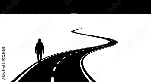 Silhouette of a Person Walking on a Winding Road at Night, Symbolizing a Journey and Challenges for Business and Personal Growth, Emphasizing Solitude and Determination in a Minimalist Dark Landscape,