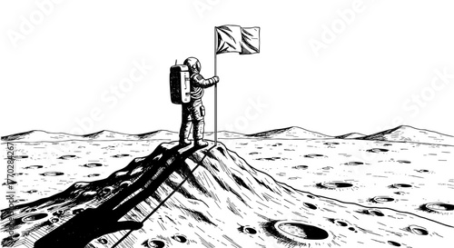 Astronaut Planting Flag on Moon's Surface Illustration, Symbolic Space Exploration Mission Achievement, Lunar Landscape, Conquering New Frontiers, Science Discovery, Technology Advancement, Innovation